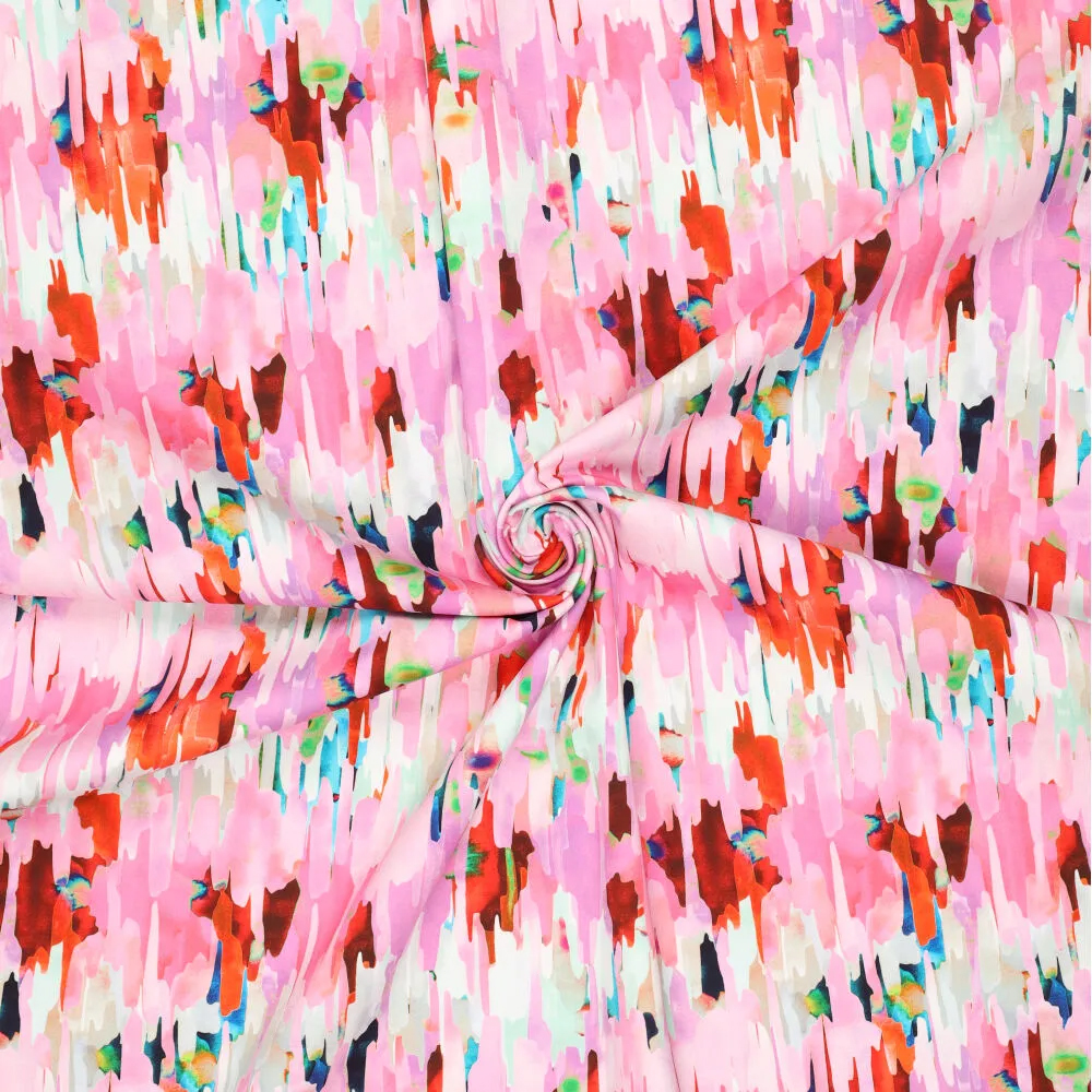 Wit stretch satijn katoen stof met roze oranje rood abstract dessin - katoen Stoffen - roze - 145 cm breed