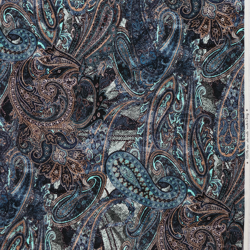 denimblauw aqua bruin fantasie paisley stretch zijde exclusief italiaans import