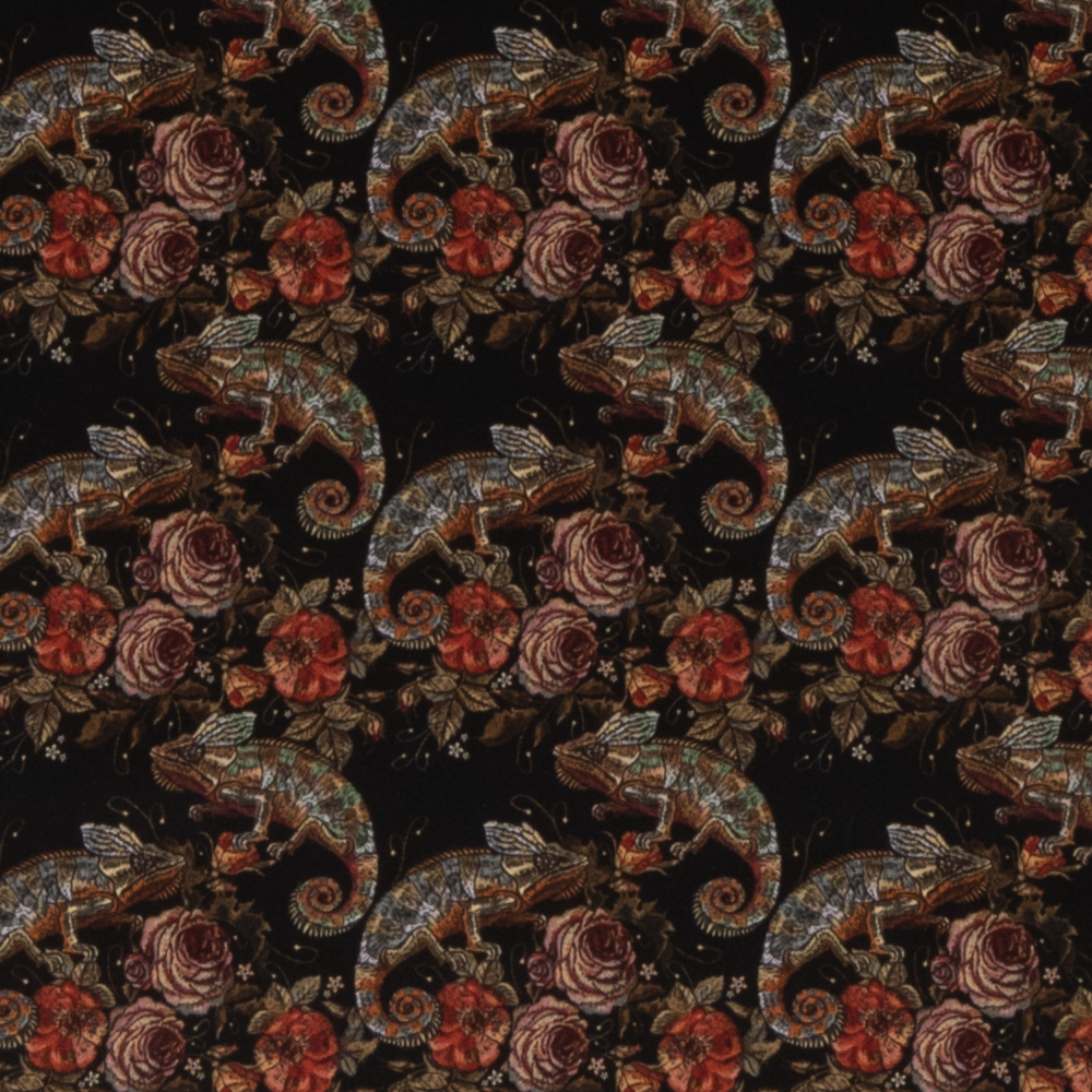 zwart stretch katoen met brique mos symmetrisch bloem en animal dessin
