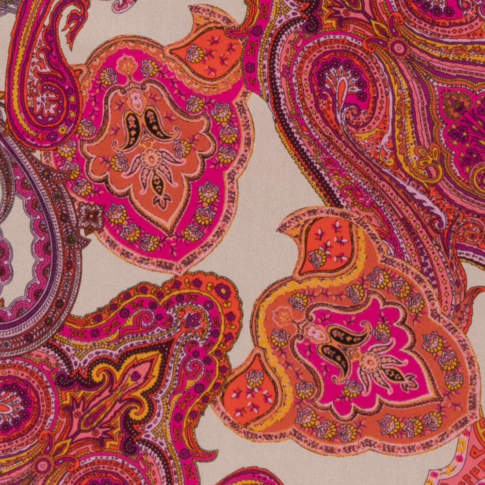 beige satijnkatoen stretch met cerise roze geel paisley print