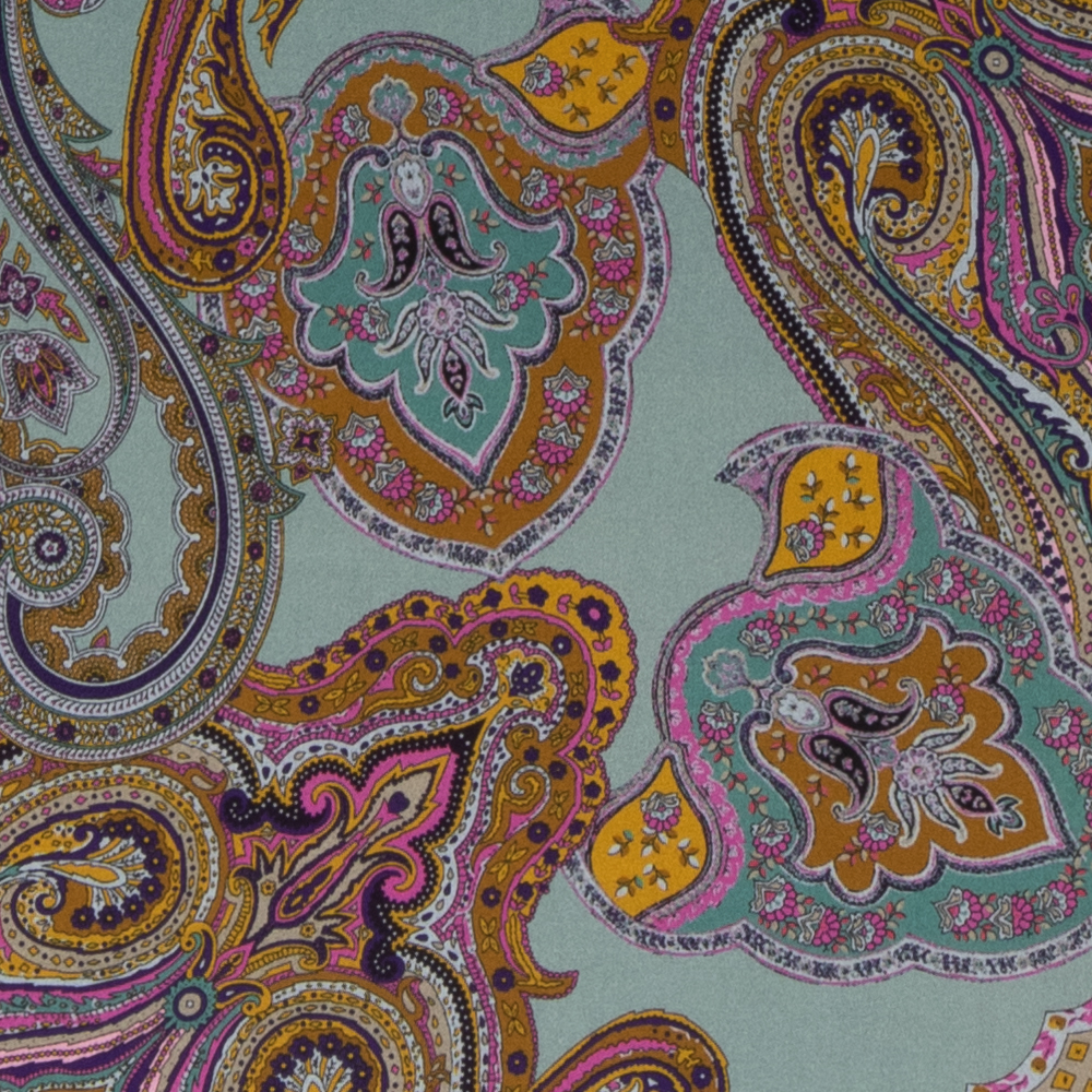 Donker mint satijnkatoen stretch met oker roze paisley print - katoen mix Stoffen - blauw - 130 cm breed