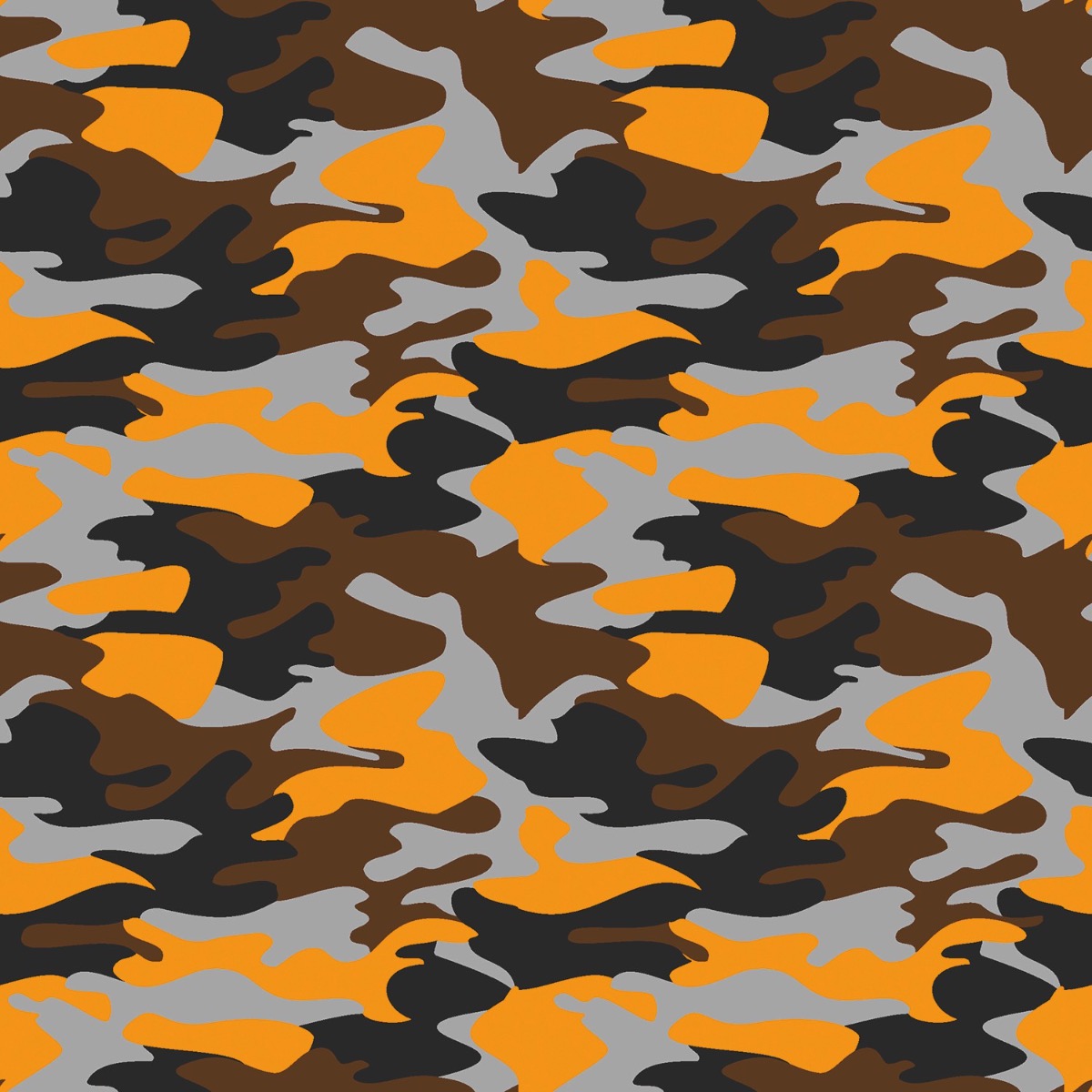 stretch tricot met oranje zwart bruin camouflage print