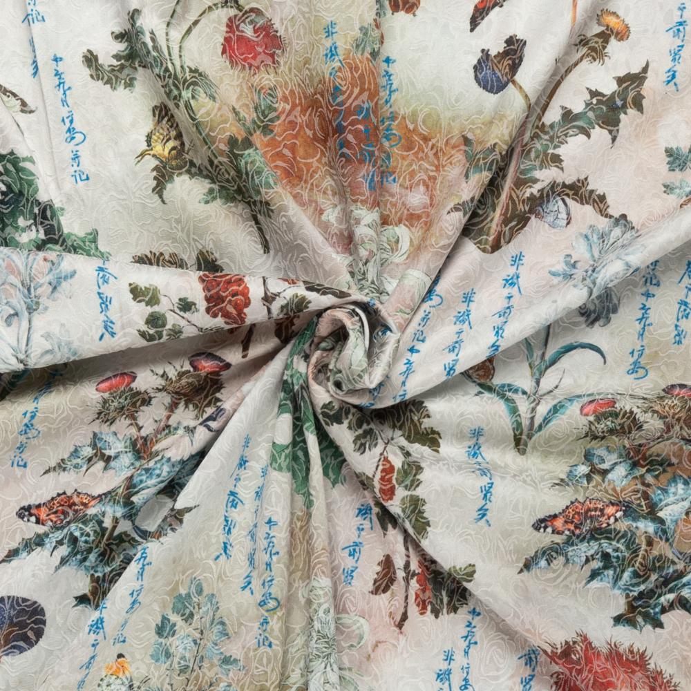 pastel stretch jacquard met veldbloemen dessin Italiaans import