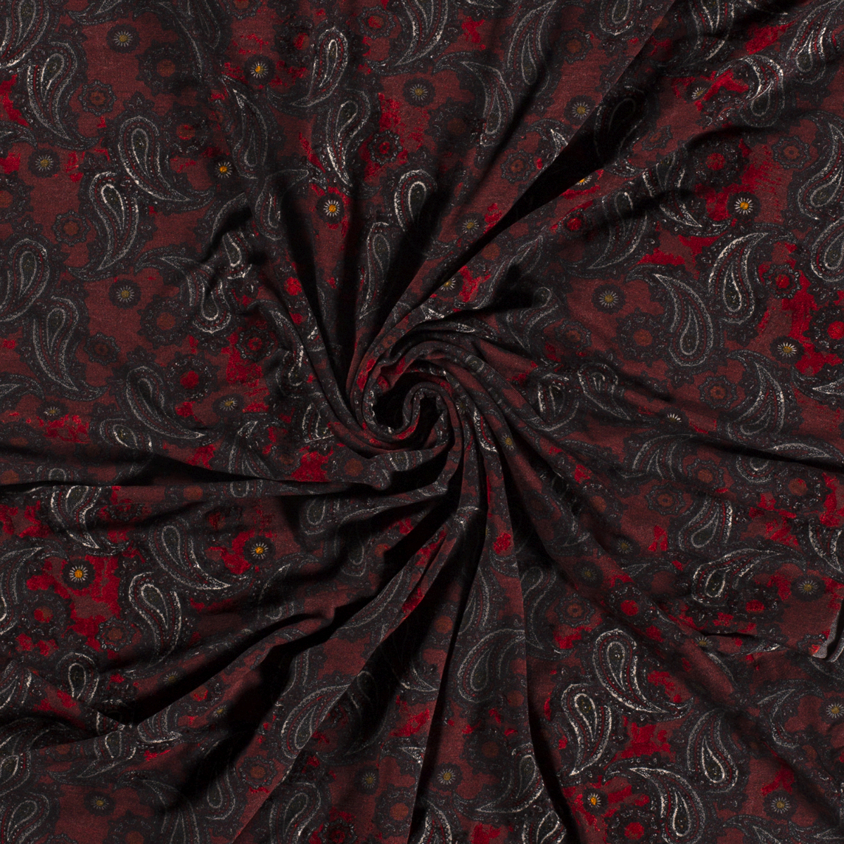 stretch tricot grijs donkerrood wit paisley dessin met flock print