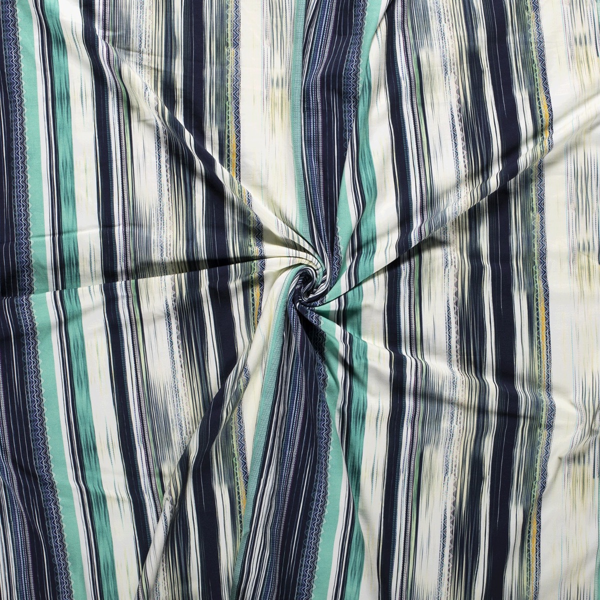 stretch jersey katoen met mint blauw room fantasie streep dessin