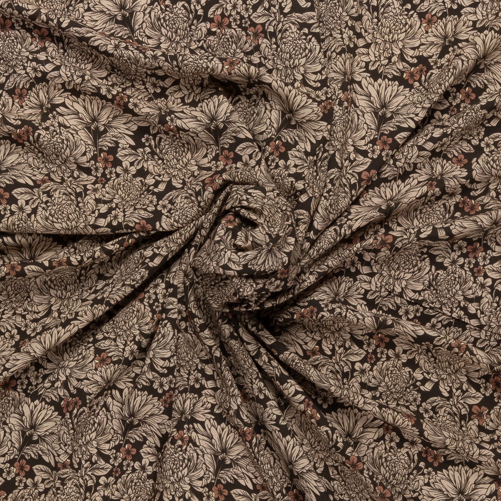 donkerbruin viscose met beige bloem dessin