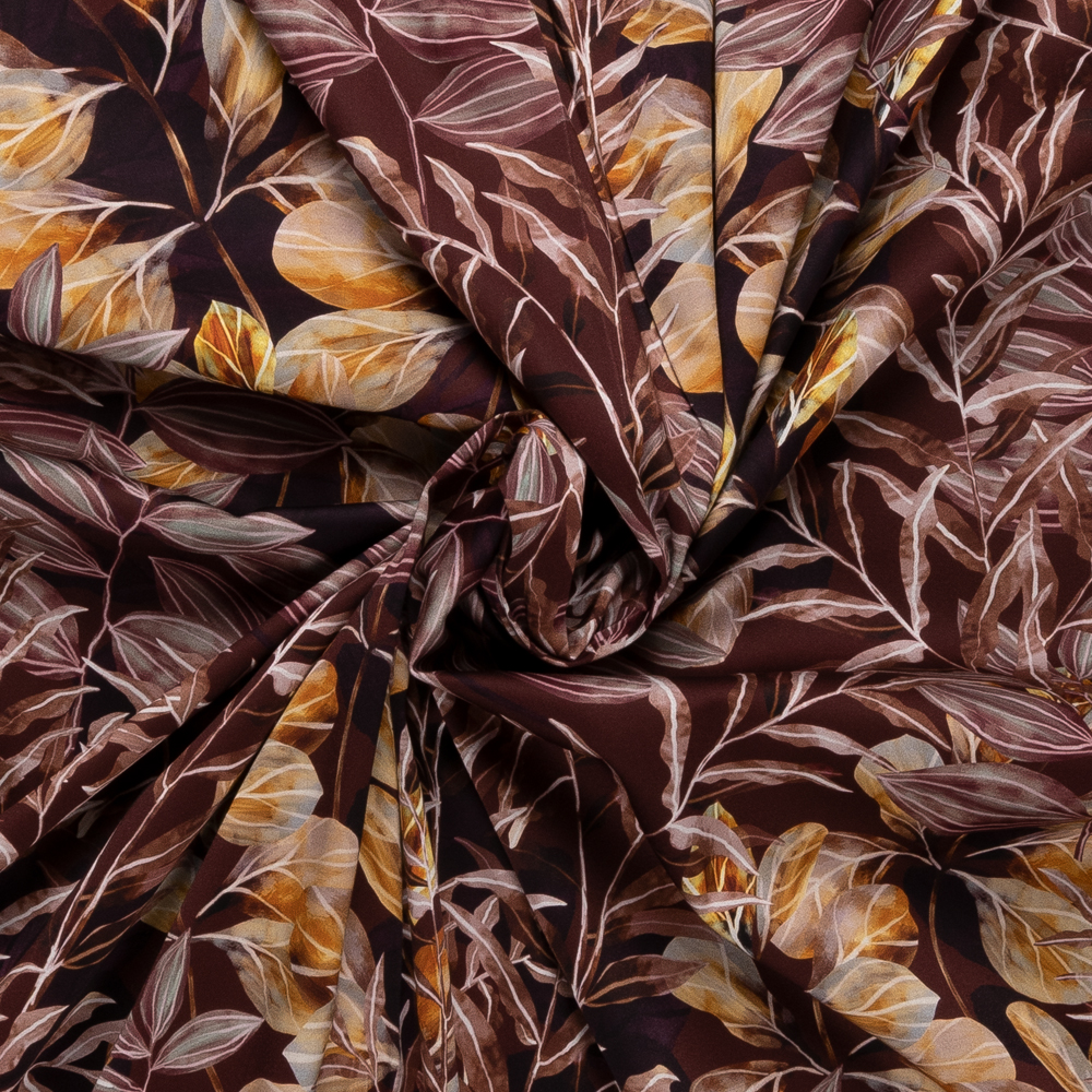 zwart bruin stretch katoen met bruin grijs oker bladeren digitale print
