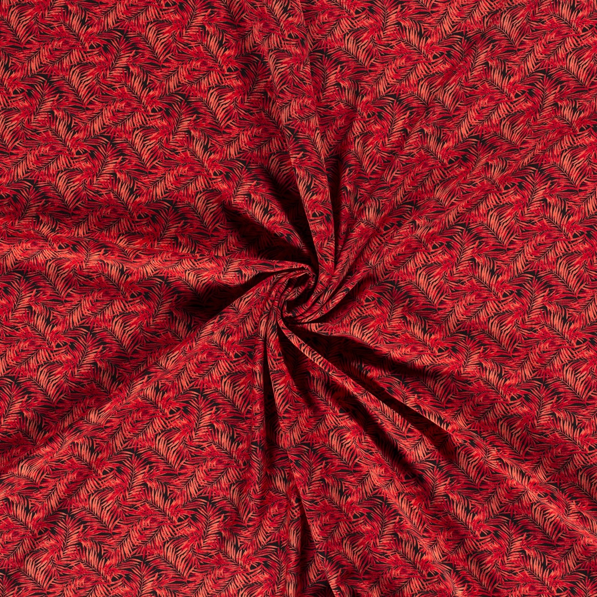 zwart viscose poplin met rood bladeren dessin