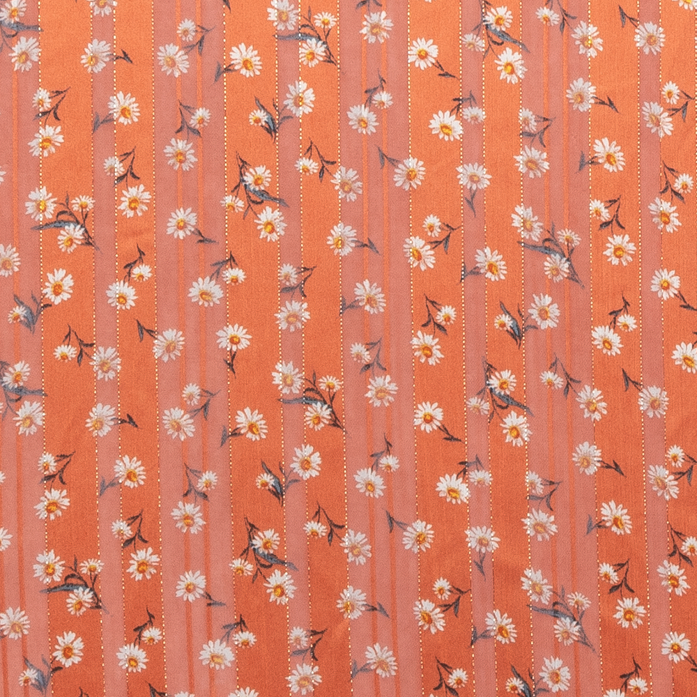 warm oranje chiffon satijn met gouddraad gebloemd bedrukt