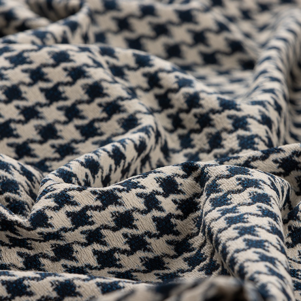 Donkerblauw ecru pied de poule stof met stretch Italiaans import - katoen mix Stoffen - blauw