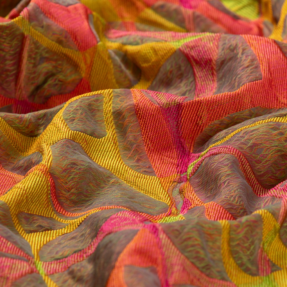 Abrikoos, eigeel, limoen jacquard stof Italiaans import - synthetisch Stoffen - oranje - 130 cm breed