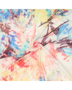 wit katoen dobby stof met rood, geel blauw abstract dessin 