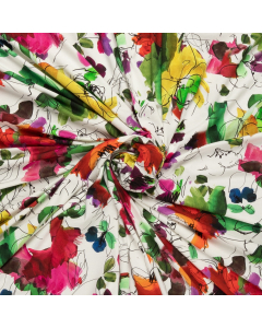 gebroken wit stretch tricot stof met cyclaam groen geel abstract bloemdessin