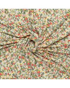 olijf groen stretch tricot stof met rood geel ecru fantasie cirkel dessin
