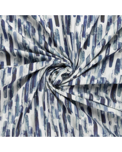 gebroken wit stretch denim stof met batik blauw vegen dessin