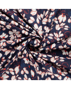 donkerblauw satijn katoen met stretch met wit rood bloemdessin