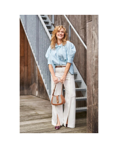 Turquoise mélange linnen katoen stof met rode krijtstreep