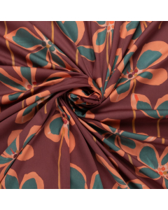 bordeaux rood  satijnen stof met steenrood petrol bloemdessin