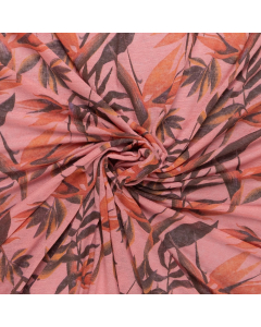 fuchsia linnen tricot stof met oranje bruin vintage bloemdessin