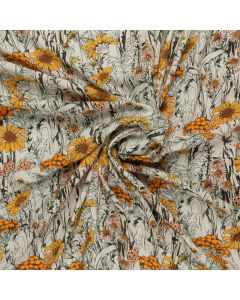 ecru viscose stof met gele zonnebloemen Italiaans import