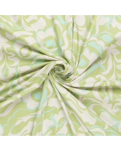 wolwit satijn katoen stof  met stretch met klimoen opaal blauw abstract bloem dessin