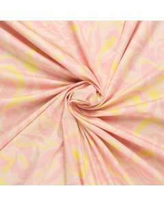 licht roze satijn katoen stof  met stretch met oud roze geel abstract bloem dessin