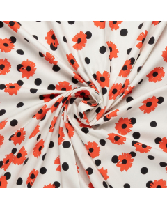 creme stretch katoen stof  met een een levendig patroon van gestileerde oranje klaprozen