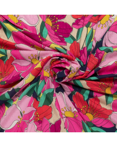 donkerblauw crepe jacquard stof  met roze fuchsia rood retro bloemdessin 