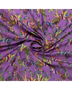 paars viscose satijn stof met multicolor fantasie hert