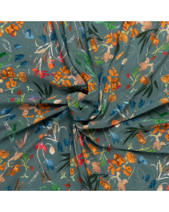 petrol viscose stof met oranje rood blauw veldbloem dessin