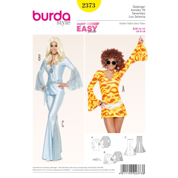 seventies jurkje, shirt en broek met uitlopende pijpen (maat 34-44) Burda 2373