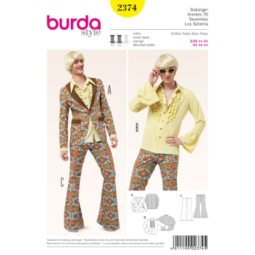 seventies jasje, overhemd en broek met uitlopende pijpen (maat 44-54) Burda 2374