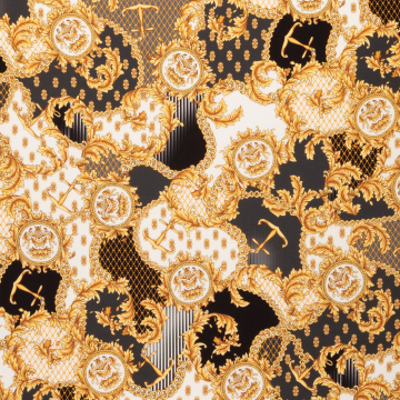 zwart stretch zijde crepe satijn met goud wit barok dessin Italiaans import