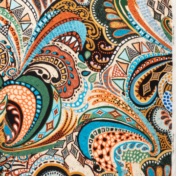 turquoise groen creme fantasie dessin stretch zijde crepe satijn Italiaans import