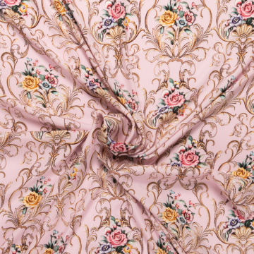 roze pastel stretch zijde crepe satijn met goudkleurig en gebloemd barok dessin Italiaans import