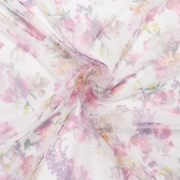 wit organza met roze paars geel bloemdessin bedrukt