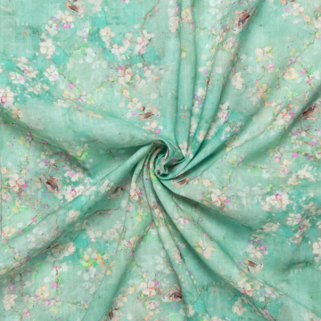 mint linnen viscose met roze pastel wit bloem op tak dessin inkjet print