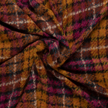 wol alpaca blend Italiaans import oker fuchsia zwart geruit