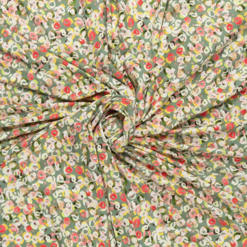 olijf groen stretch tricot stof met rood geel ecru fantasie cirkel dessin