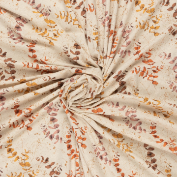 beige linnen jersey met roze oranje oker eucalyptus bladdessin