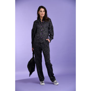 FT antraciet stretch jacquard jersey met paars zwart animal dessin