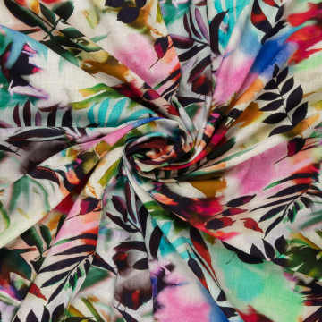 room linnen viscose cerise blauw paars gebloemd bedrukt