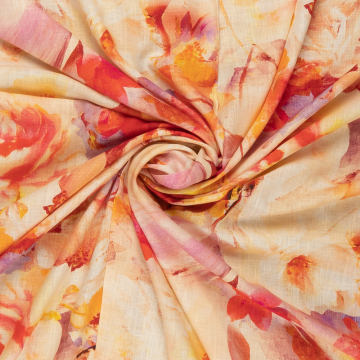 zacht geel linnen viscose met lila rood roze bloemdessin 