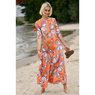 FT oranje stretch viscose satijn met mint roze royaal bloemdessin