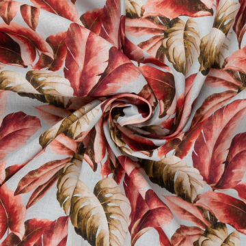ijsblauw half linnen met steenrood mos bladdessin Italiaans import