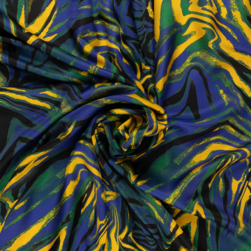 kobalt groen geel zwart zijde viscose fantasie dessin italiaans import