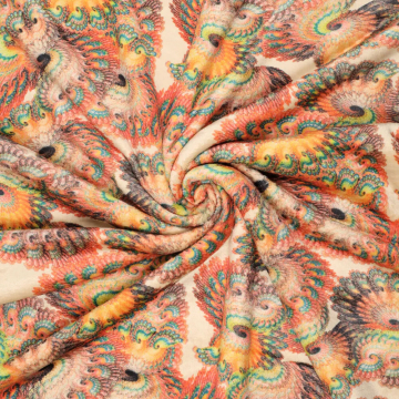 imitatiebont stof met oranje mint beige fantasie dessin bedrukt