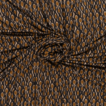 ecru stretch tricot stof met cognac zwart abstract dessin Italiaans import
