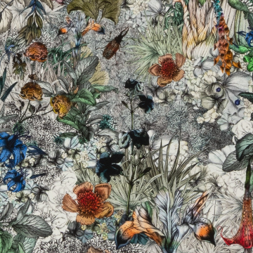 wit zwart punta di roma stof met stretch Italiaans import met bloemen