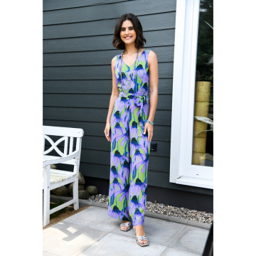 groen viscose stof met lila bloemen
